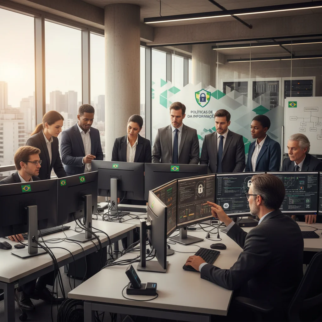 A photorealistic image symbolizing information security in Brazil, featuring a diverse group of adult professionals in a modern Brazilian office setting, using secure digital devices with Brazilian flag elements in the background, emphasizing protection and importance of information security policies.
