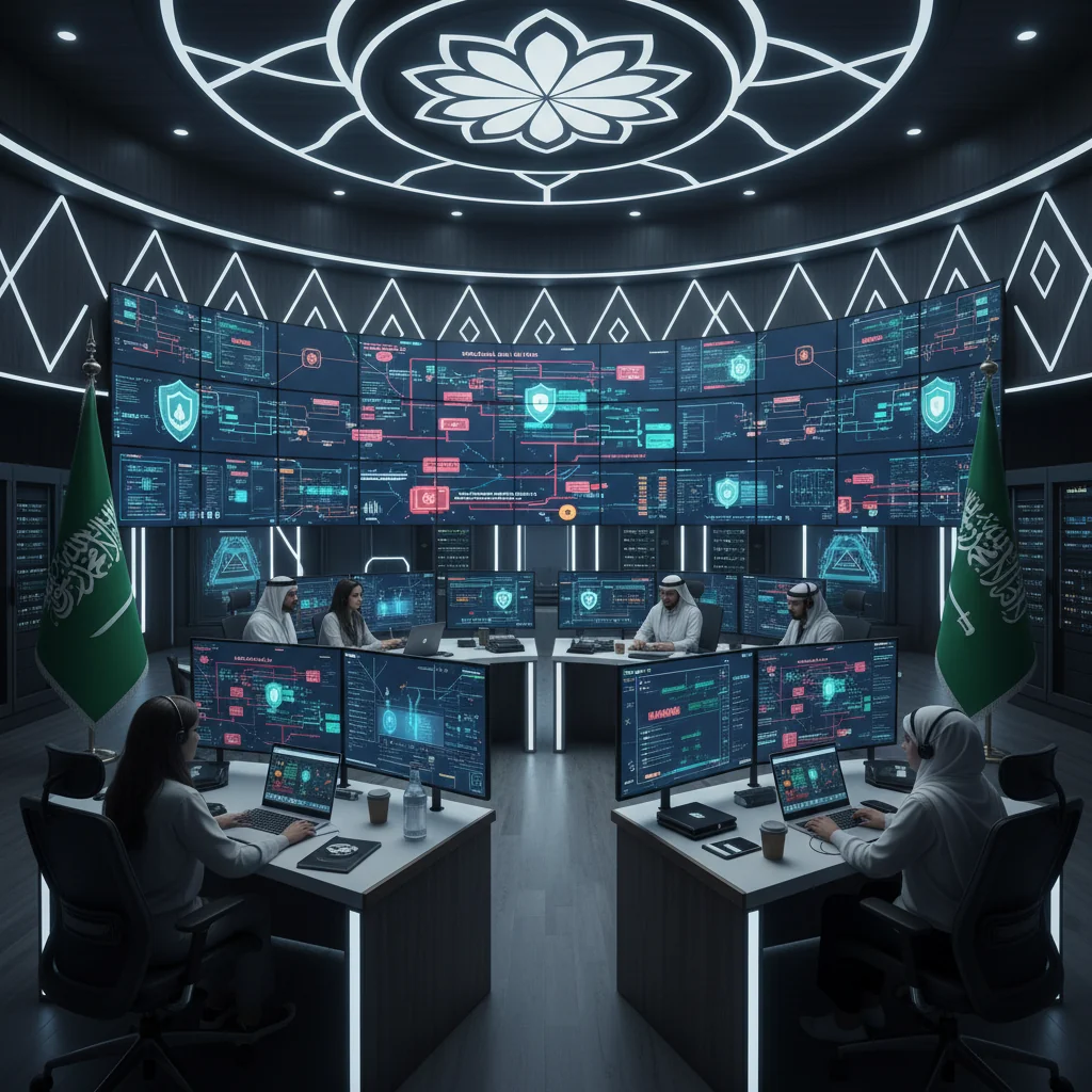 A photorealistic image depicting a diverse team of cybersecurity professionals in a modern Saudi Arabian high-tech control room, monitoring digital screens with network security visualizations, Saudi flags and national symbols subtly in the background, emphasizing protection and advancement in cyber policies.