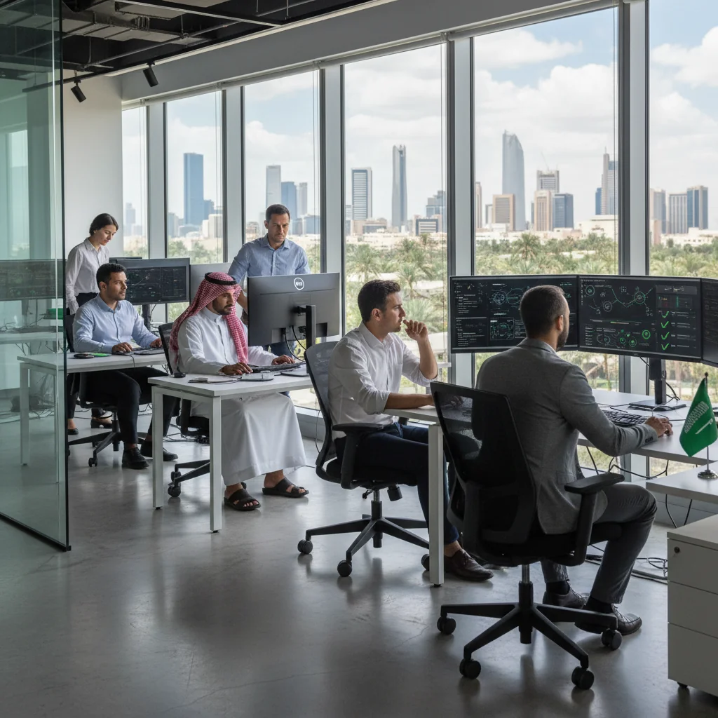 A photorealistic image of a professional cybersecurity team in a modern Saudi Arabian office, collaborating on securing digital networks, with elements like computer screens displaying security protocols, the Saudi flag subtly in the background, emphasizing compliance and protection in a corporate setting. No children or any individuals under 18 are present.