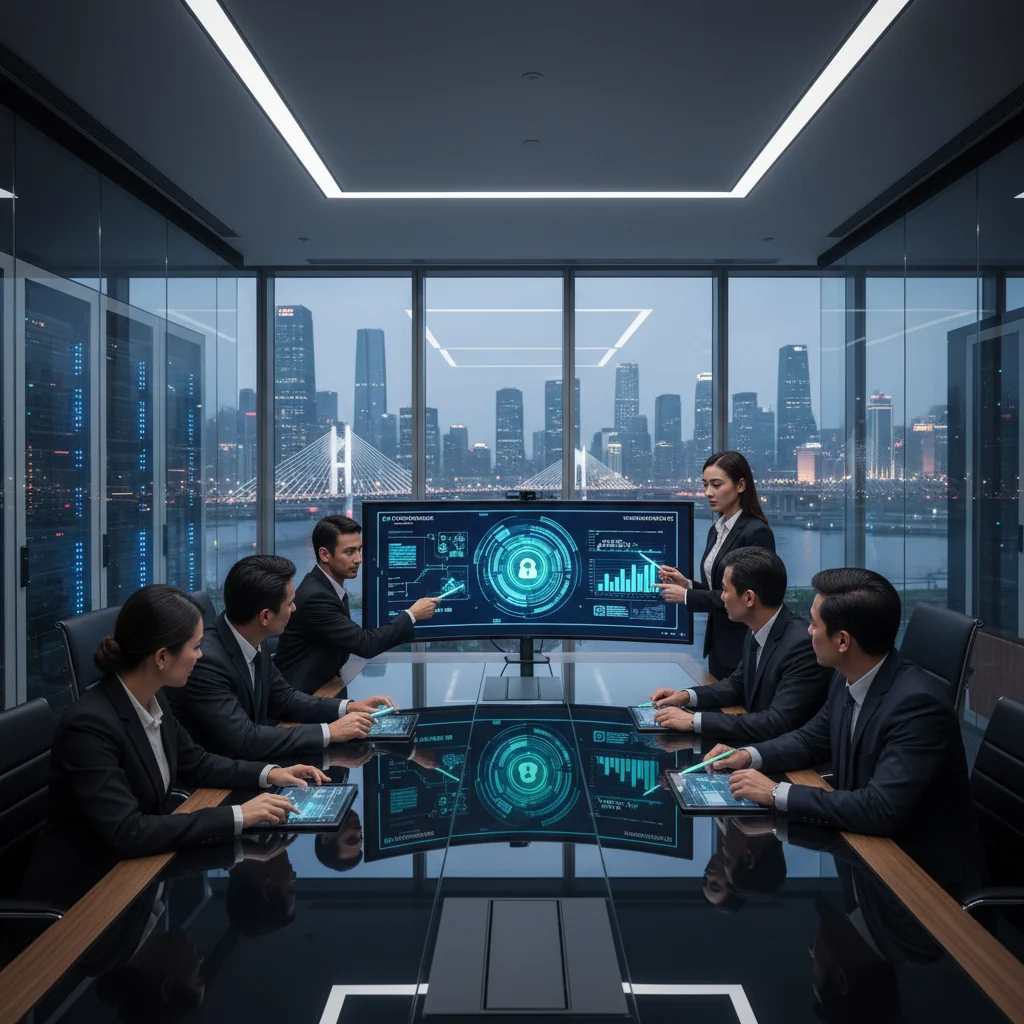 A photorealistic image of a diverse group of professional adults in a modern Chinese corporate office, collaboratively reviewing digital security dashboards on large screens, symbolizing the implementation of cybersecurity policies in a business setting. No children are present.