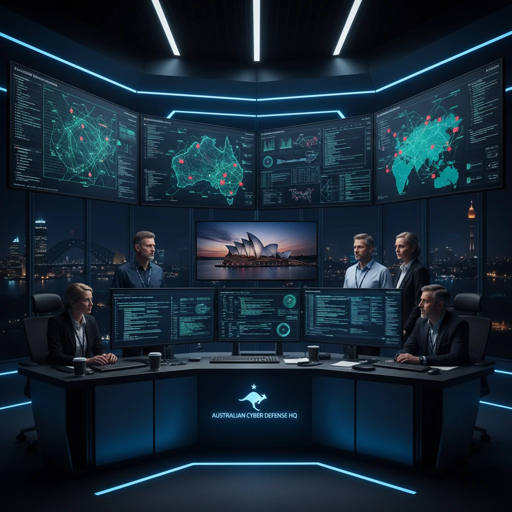 A photorealistic image depicting a diverse group of adult cybersecurity professionals in a modern Australian command center, monitoring digital networks on large screens displaying maps of Australia and cybersecurity data visualizations, symbolizing national protection against cyber threats, with Australian flags subtly in the background, no children present.