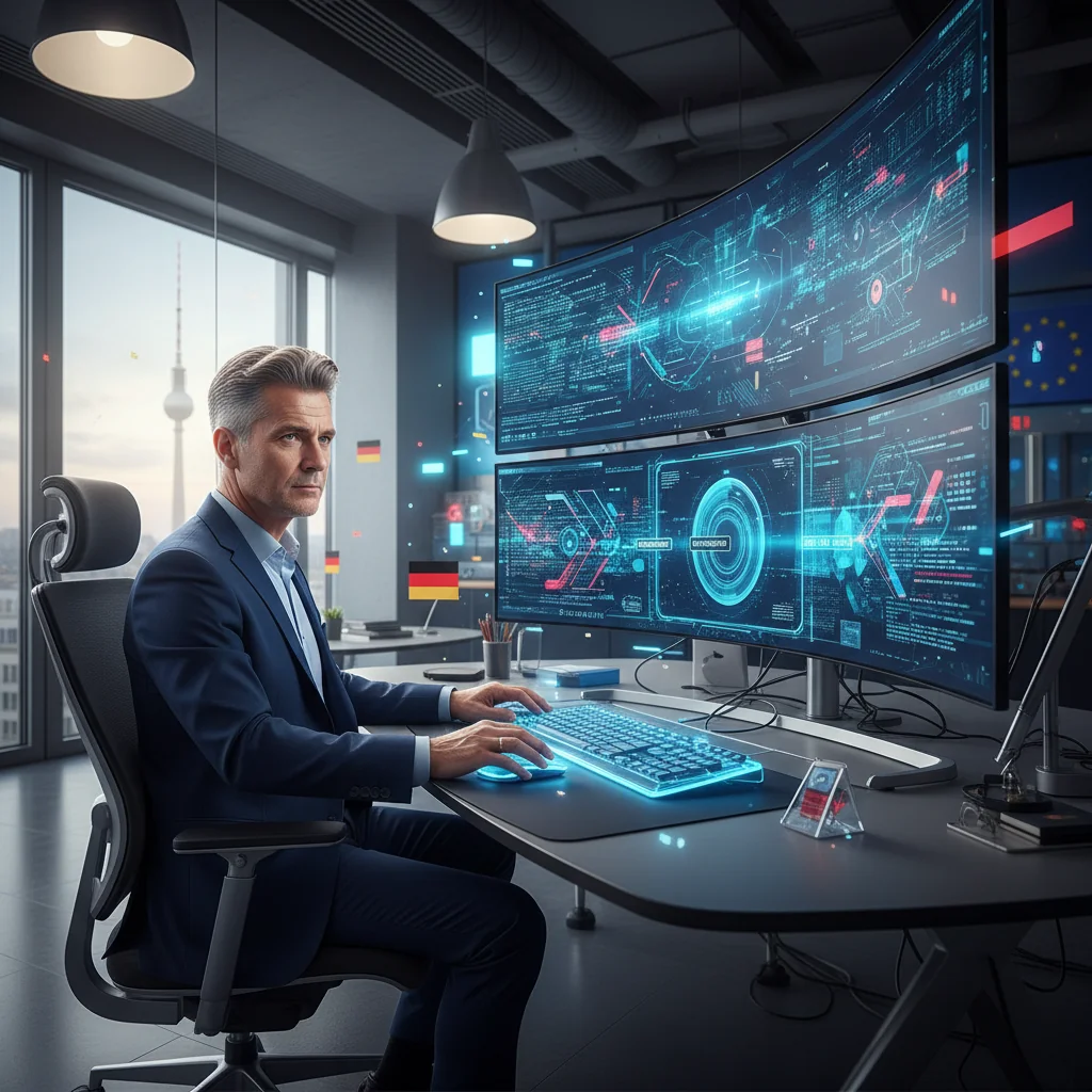 A photorealistic image depicting a professional cybersecurity analyst in a modern German office environment, monitoring digital networks on multiple screens displaying security alerts and data flows, symbolizing advancements in IT security policy.