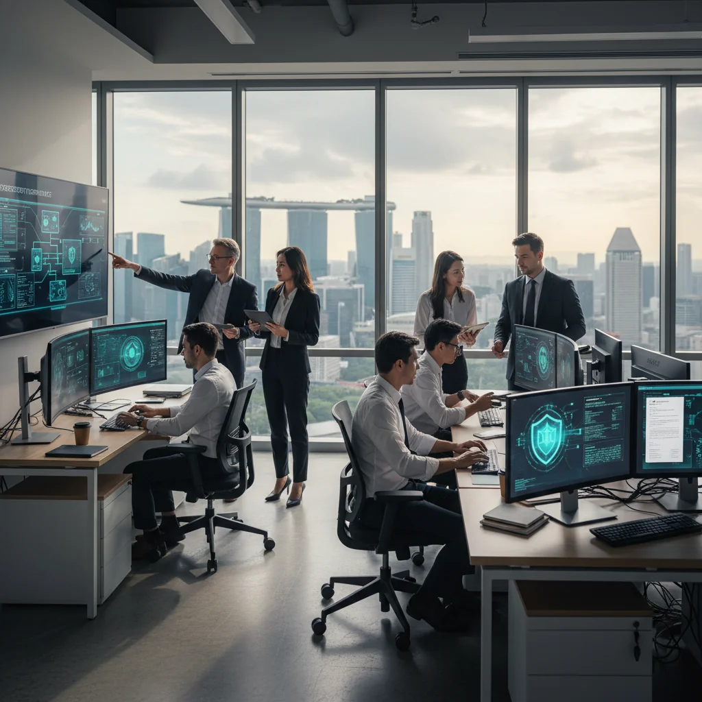 A photorealistic image of a diverse group of professional adults in a modern Singapore office setting, collaborating on cybersecurity compliance. They are reviewing digital screens displaying secure network icons and compliance checklists, with elements like locked padlocks and Singapore skyline in the background, symbolizing business protection and adherence to policies. No children are present.