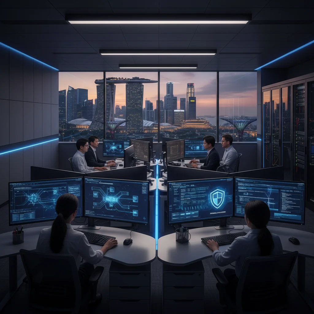 A photorealistic image symbolizing Singapore's national cybersecurity strategy, featuring a diverse group of adult professionals in a high-tech control room in Singapore, monitoring digital networks on large screens, with subtle Singapore skyline in the background, conveying protection and vigilance against cyber threats.
