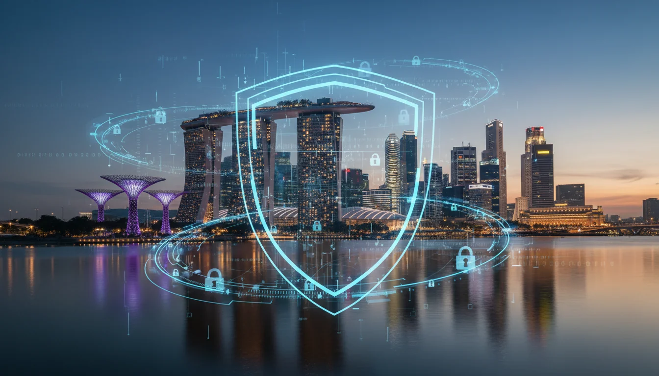 Singapore skyline with cybersecurity shield.