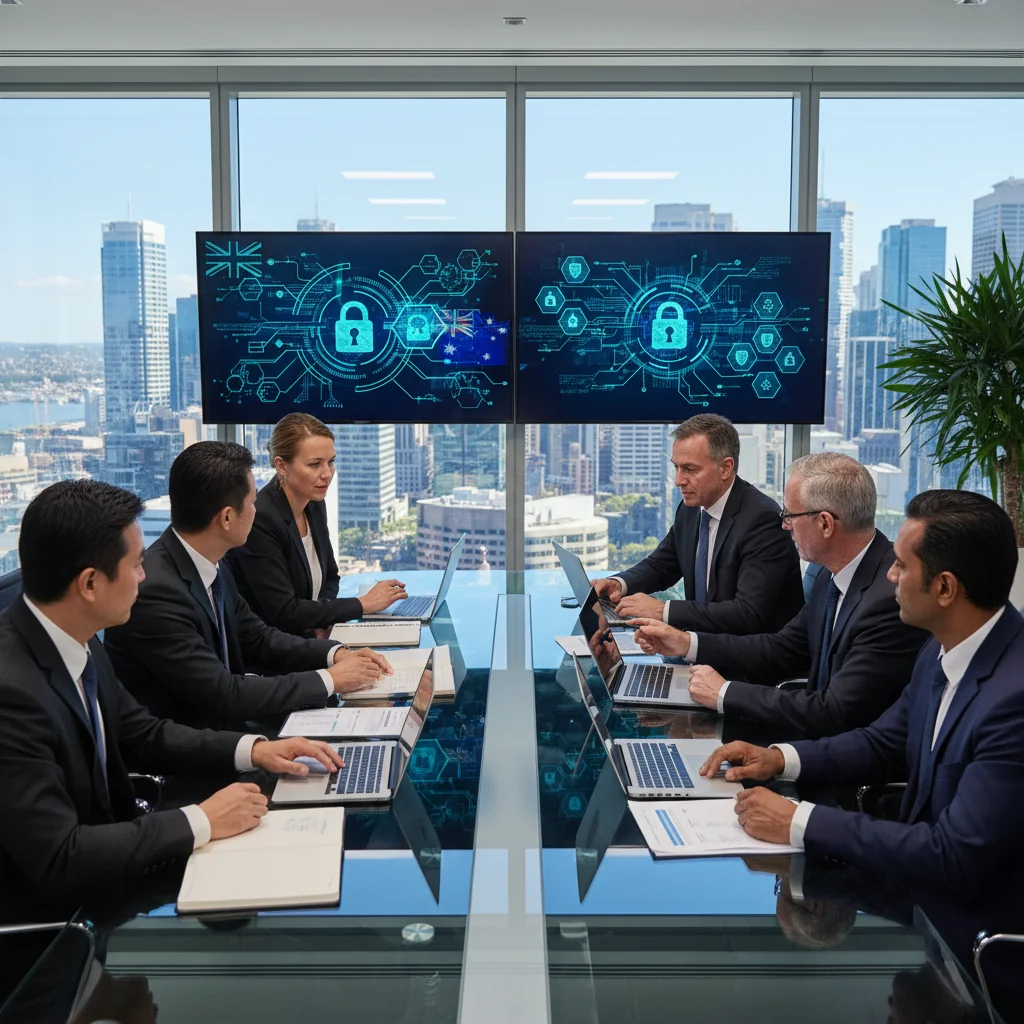 A photorealistic image of a diverse group of professional adults in a modern Australian office setting, discussing cybersecurity compliance around a conference table with laptops and digital screens displaying data protection icons, symbolizing evolving laws and secure data handling. No children are present.