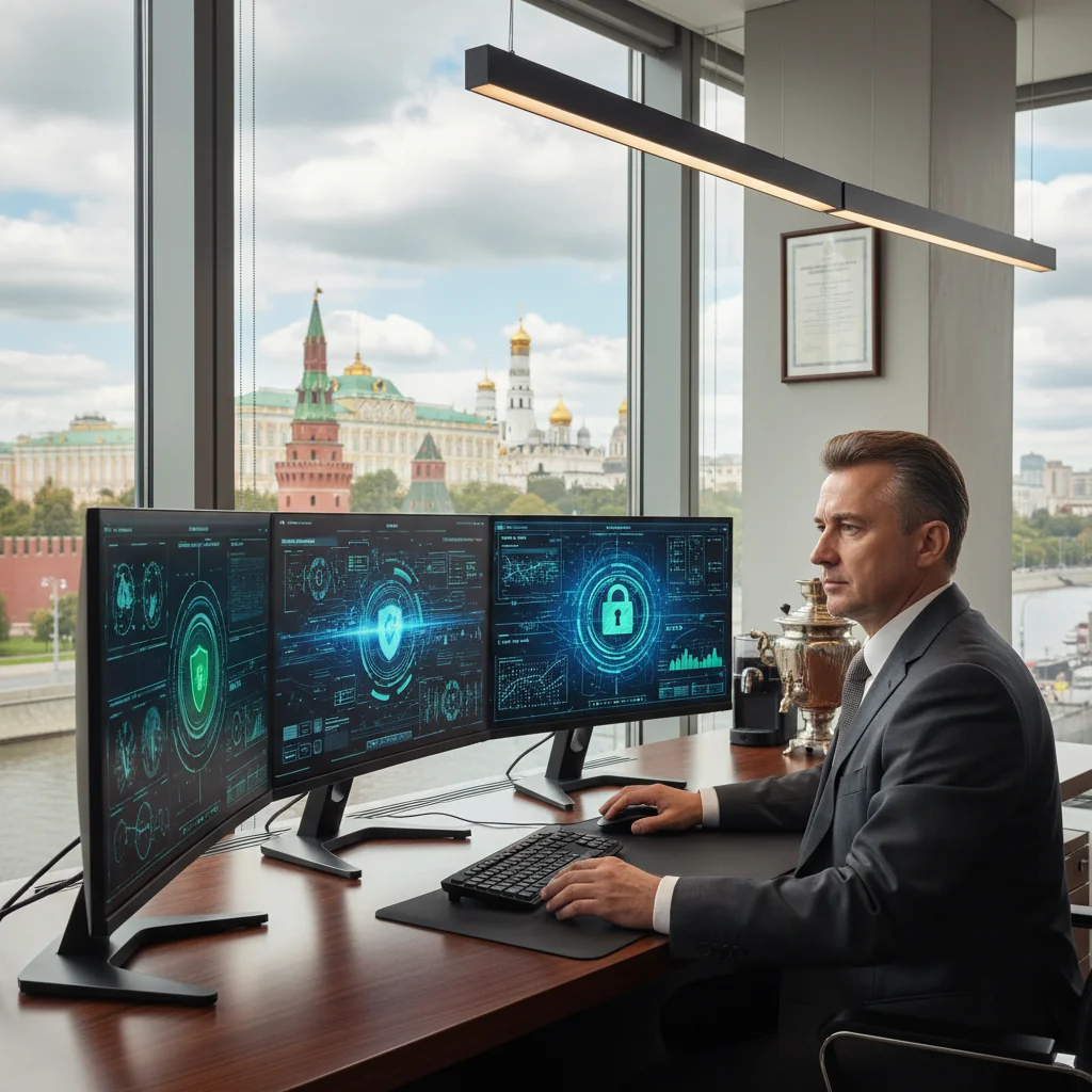 A photorealistic image depicting the impact of information security policies on Russian business, showing a professional in a modern office setting in Russia, with elements like secure data networks, cybersecurity icons subtly integrated, emphasizing protection and business operations. No children, adults only. Photorealistic style, not graphics or drawings.