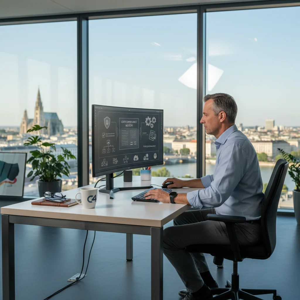 A photorealistic image of a professional cybersecurity expert in a modern office environment, reviewing digital security protocols on multiple computer screens displaying network diagrams and encryption symbols, emphasizing legal compliance and IT security policies in Austria, with a subtle Austrian flag in the background, no children present.