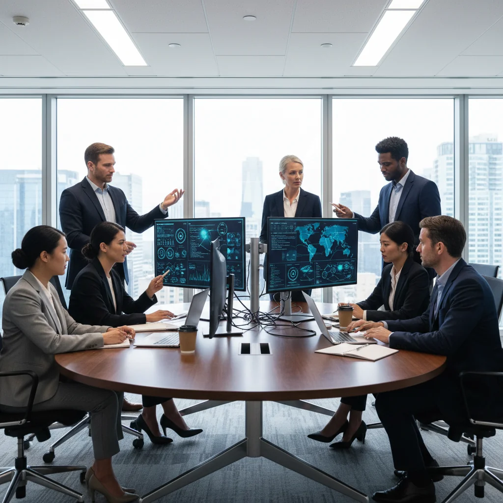 A photorealistic image of a professional team in a modern corporate office, collaboratively reviewing digital security protocols on secure computer screens, symbolizing IT security policy implementation in a business environment. The scene conveys trust, vigilance, and technological protection without showing any documents.