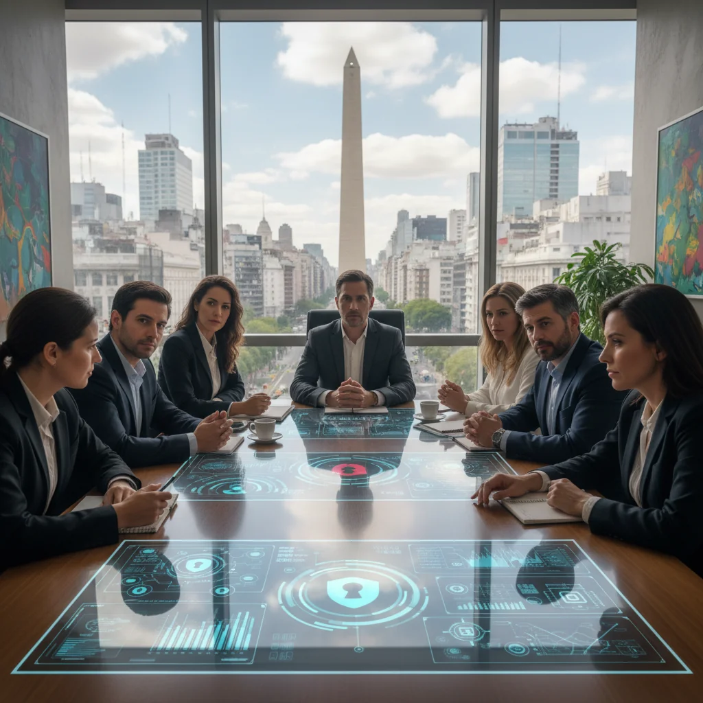 A photorealistic image of a diverse team of adult professionals in a modern Argentine office setting, collaboratively reviewing digital security protocols on laptops and tablets, symbolizing the implementation of information security policies, with subtle Argentine flags or landmarks in the background to evoke national context.