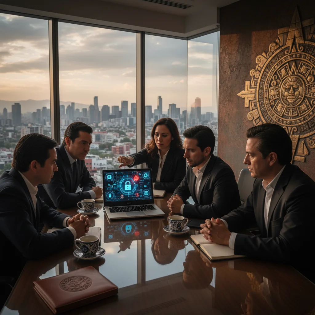 A photorealistic image depicting a diverse group of adult professionals in a modern conference room in Mexico City, intensely discussing cybersecurity challenges on laptops and digital screens displaying network maps and threat alerts, with Mexican flags and urban skyline visible through windows, symbolizing national policy efforts.