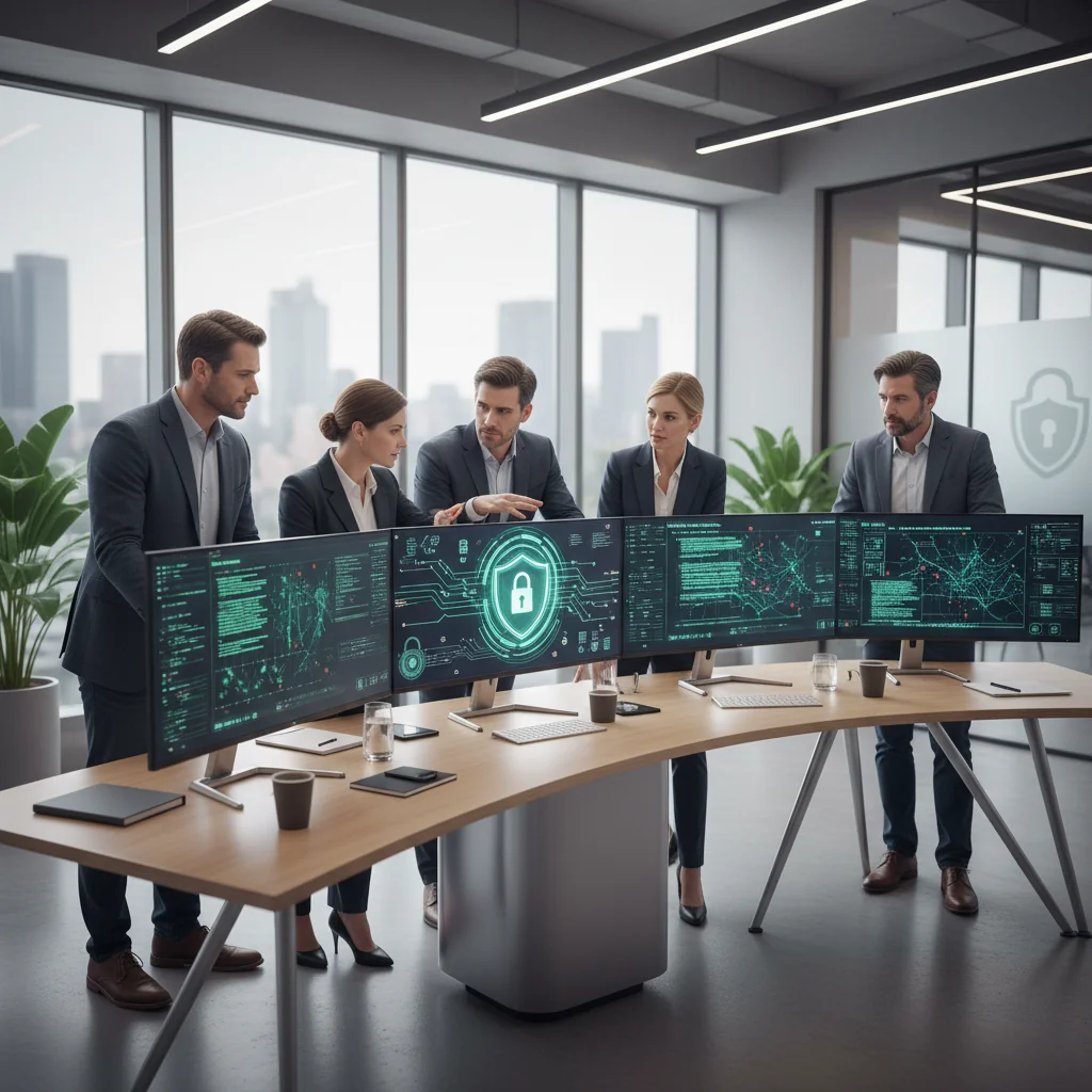 A photorealistic image of a diverse team of adult IT professionals in a modern office, collaboratively reviewing digital security dashboards on multiple screens, symbolizing the creation and implementation of IT security policies. The scene conveys professionalism, vigilance, and teamwork in cybersecurity, with elements like locked padlocks, encrypted data streams, and secure network icons subtly integrated into the environment. No children are present in the image.