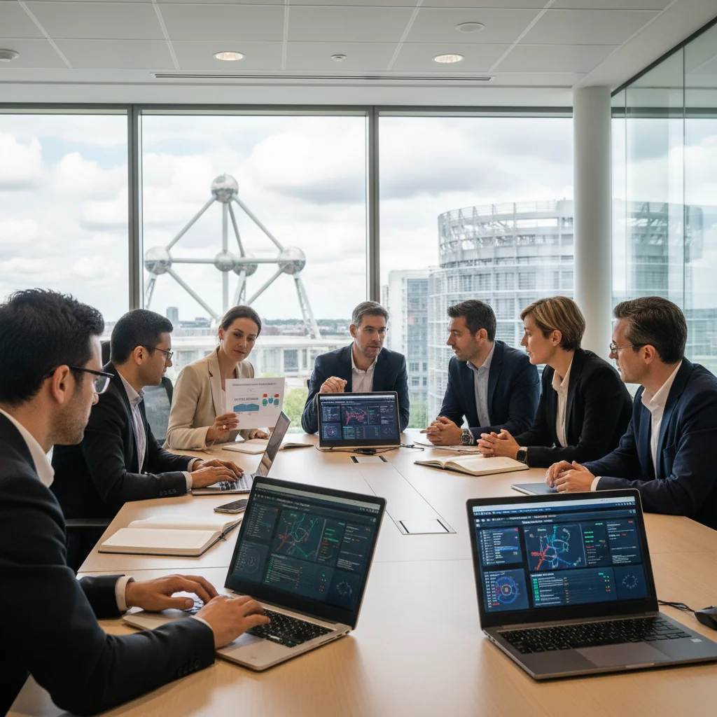 A photorealistic image of a professional team in a modern Belgian office setting, collaborating on cybersecurity measures. The scene includes adults reviewing digital security protocols on computers, with subtle Belgian elements like a flag or Brussels architecture in the background, symbolizing effective implementation of IT security policy. No children are present.