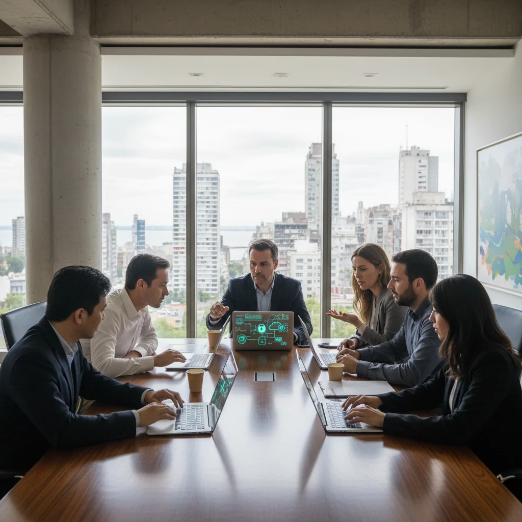 A photorealistic image of a diverse group of professional adults in a modern Argentine office setting, engaged in a collaborative discussion about information security. They are reviewing digital dashboards on computers showing cybersecurity icons like locks and shields, with subtle Argentine elements such as a flag or pampas landscape visible through the window. The atmosphere is professional, secure, and focused, emphasizing best practices in information security policies for businesses.