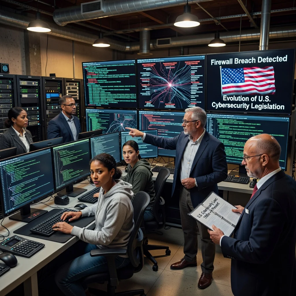 A photorealistic image depicting the evolution of cybersecurity in the US, showing a diverse group of adult professionals in a modern command center monitoring digital threats on multiple screens, with American flag elements in the background, symbolizing national legislation and protection against cyber attacks.