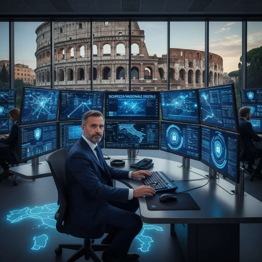 A photorealistic image symbolizing cybersecurity policy in Italy, featuring a professional adult in a modern office setting in Rome, using a secure computer system with Italian flag elements in the background, emphasizing protection and national digital security.
