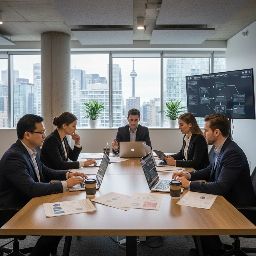 A photorealistic image of a diverse group of adult Canadian business professionals in a modern office setting, collaboratively reviewing cybersecurity compliance strategies on secure laptops and digital screens, symbolizing national regulations adherence, with elements like maple leaf motifs and secure network icons in the background.