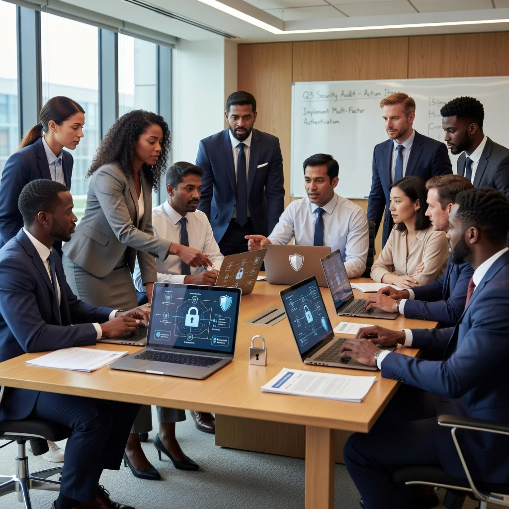 A photorealistic image of a diverse group of professional adults in a modern UK office setting, engaged in a cybersecurity meeting. They are reviewing digital security dashboards on large screens, symbolizing protection and information security for businesses. The atmosphere is collaborative and focused, with elements like locked digital icons or shield motifs subtly integrated into the background to represent policy effectiveness. No children are present in the image.