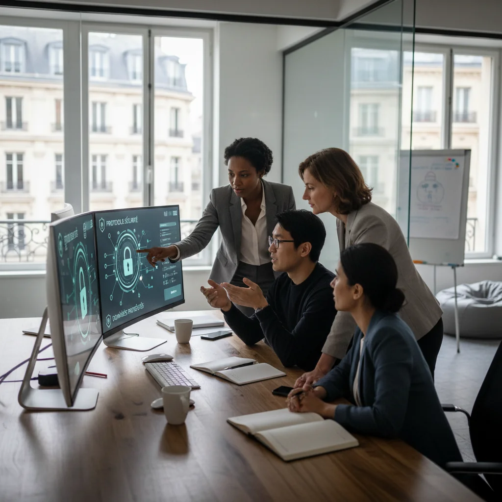 A photorealistic image depicting a professional team in a modern French office setting, discussing cybersecurity strategies around a conference table with laptops displaying secure network icons and French flags subtly in the background, symbolizing information systems security policy in France.