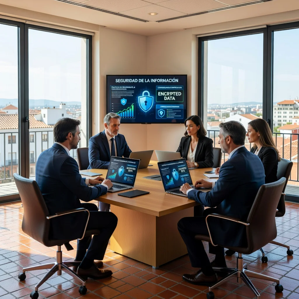 A professional office setting in Spain featuring a diverse team of adults collaborating on cybersecurity strategies, with elements like secure data servers, digital locks, and Spanish flags in the background, symbolizing information security policy implementation.