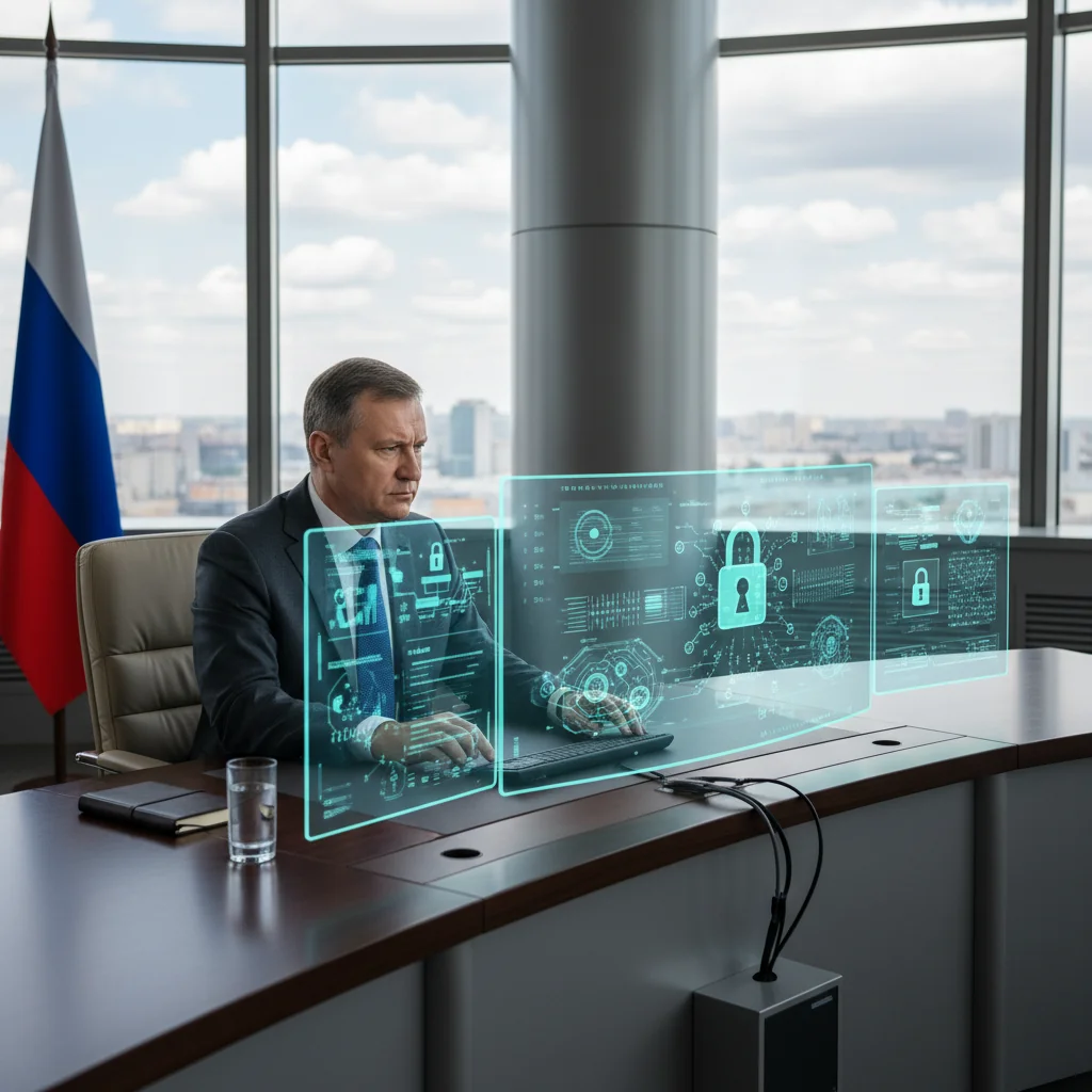 A photorealistic image depicting a professional cybersecurity expert in a modern office setting, analyzing digital data on secure computer screens, symbolizing updates in Russian information security policies, with elements like locked digital icons and Russian flag subtly in the background, no children present.