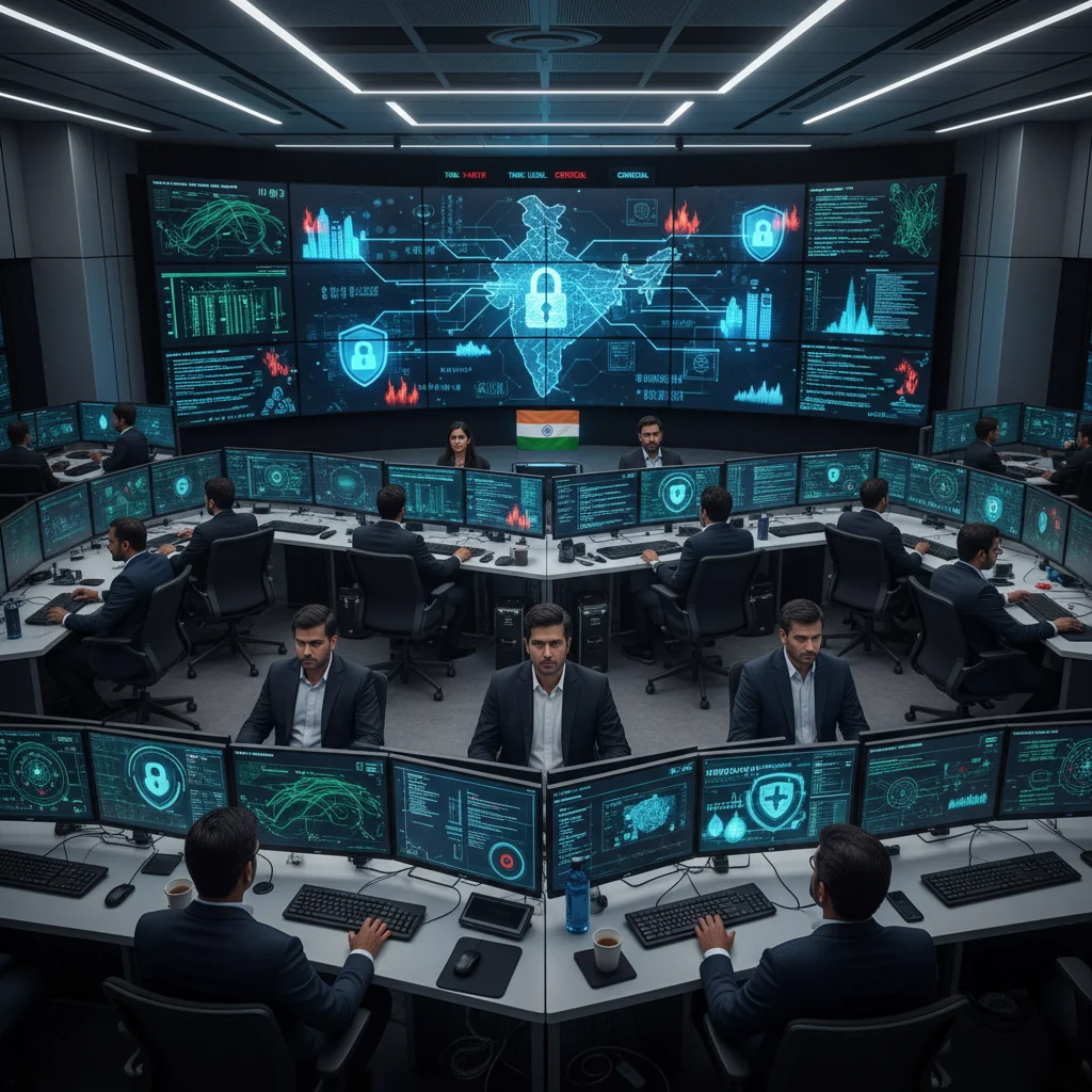 A photorealistic hero image representing India's cyber security policy, showing a diverse group of adult Indian professionals in a modern cybersecurity operations center, monitoring digital threats on large screens with network maps, firewalls, and data protection icons, emphasizing security and vigilance in a high-tech environment, no children present.