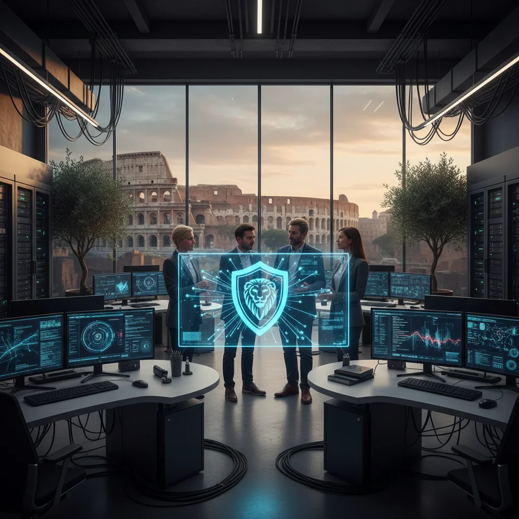 A photorealistic image depicting the evolution of cybersecurity in an Italian context, showing a diverse group of professional adults in a modern Italian office setting, with elements like secure digital networks, Italian landmarks in the background, and symbolic representations of advancing technology and protection, no children present.