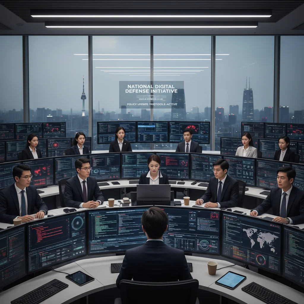 A photorealistic image representing advancements in Korean cyber security policy, showing a diverse group of professional adults in a modern high-tech control room in Seoul, monitoring digital networks on large screens with South Korean flag elements, symbolizing national protection against cyber threats, no children present.