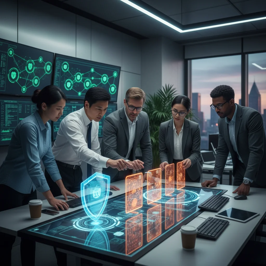 A photorealistic image of a professional team in a modern office setting, collaboratively reviewing digital security dashboards on large screens, symbolizing the effective implementation of IT security policies, with elements like locked padlocks, encrypted data flows, and vigilant cybersecurity professionals, no children present.