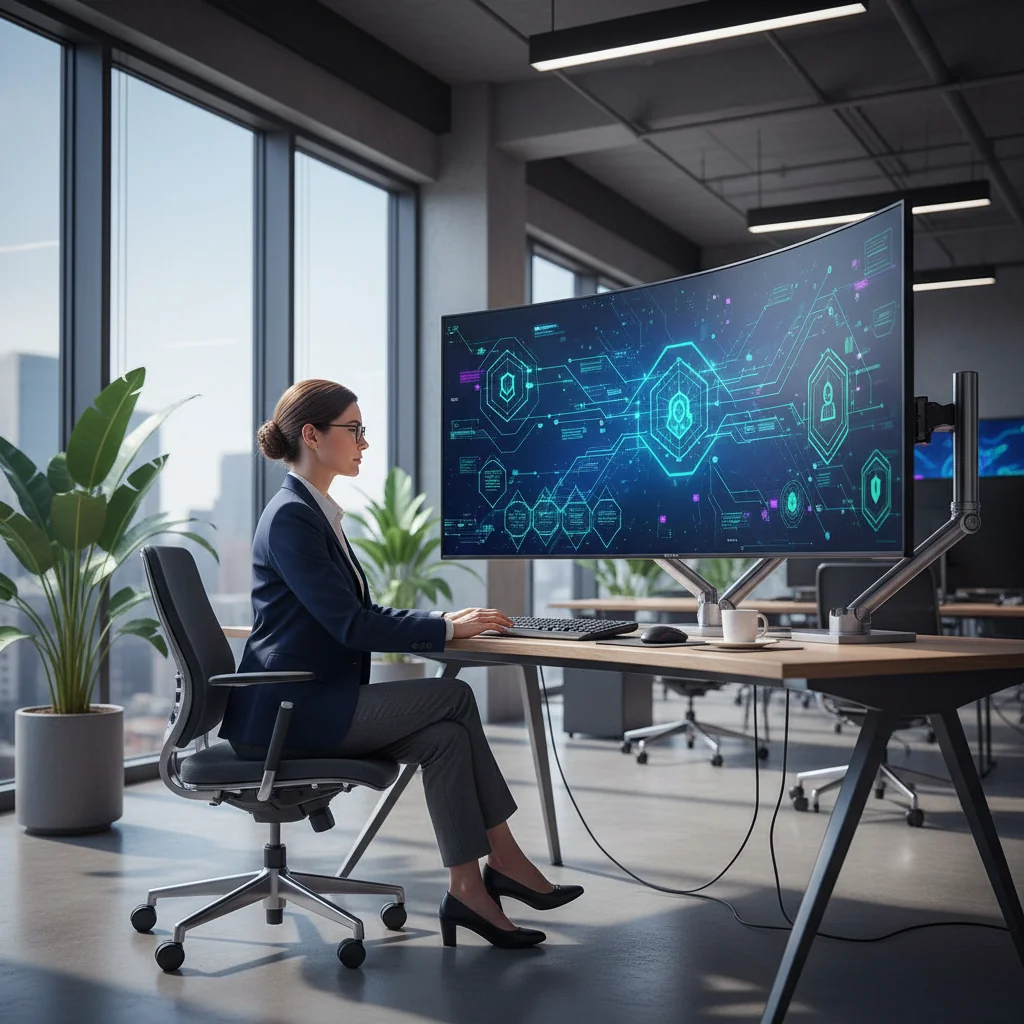 A photorealistic image of a professional cybersecurity expert in a modern office setting, analyzing digital data on multiple computer screens displaying secure network graphs and privacy icons, symbolizing data protection under the Philippine Data Privacy Act. The atmosphere is focused and secure, with no documents or text visible, emphasizing cybersecurity vigilance among adults only.