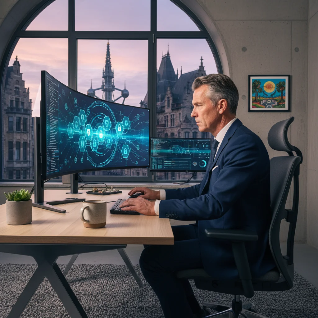 A photorealistic image representing information security policy in Belgium, featuring a professional in a modern office setting reviewing secure data on a computer, with subtle Belgian flag elements in the background, emphasizing protection and compliance without showing any documents.