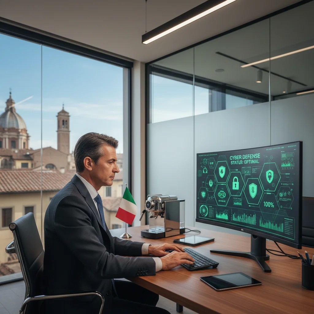 A photorealistic image depicting the impact of cybersecurity policy on Italian businesses, showing a professional in a modern office environment in Italy, such as Milan, monitoring a computer screen with cybersecurity alerts, surrounded by elements like Italian flags or landmarks in the background, conveying protection and vigilance without focusing on documents.