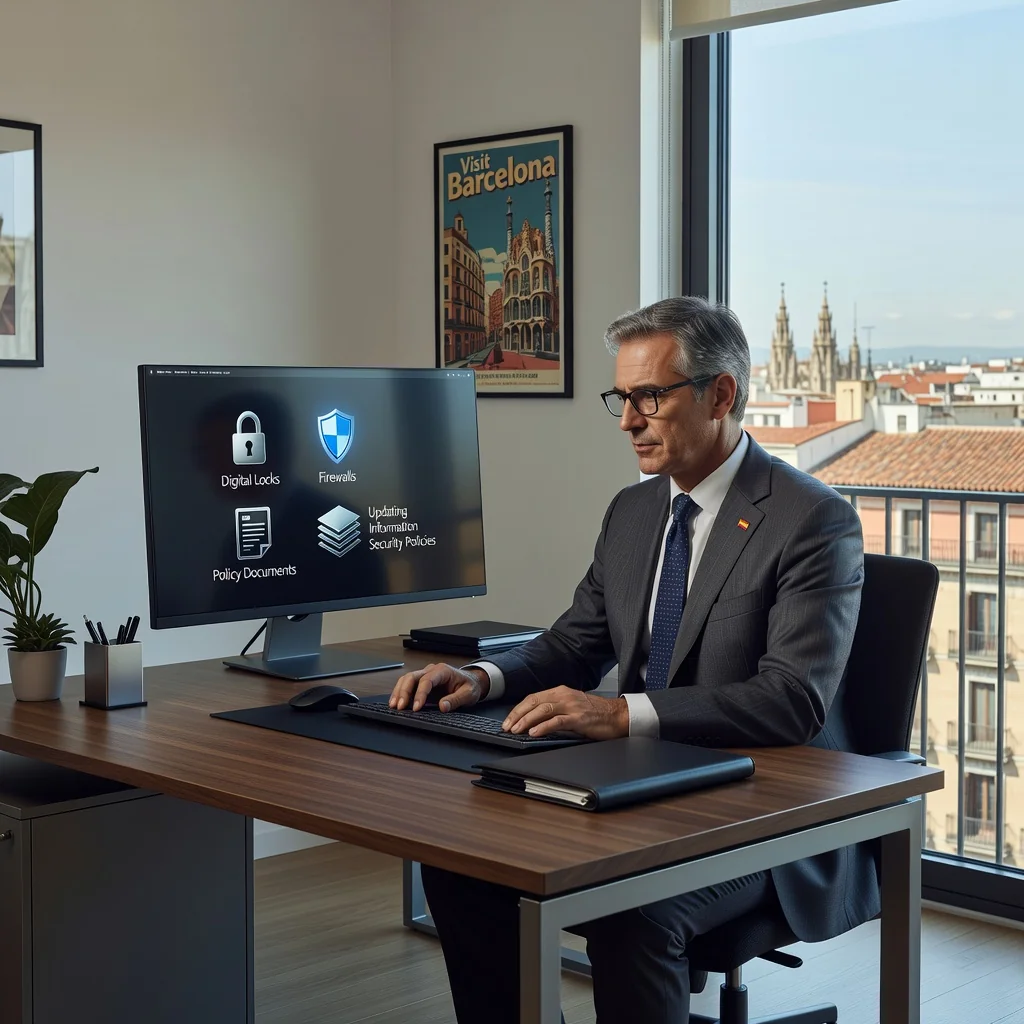 A photorealistic image of a professional in a modern Spanish office setting, reviewing and updating digital security protocols on a computer, symbolizing the enhancement of information security policies. The scene includes elements like a Spanish flag subtly in the background, secure locks on screens, and a confident adult professional at work, conveying safety and compliance.