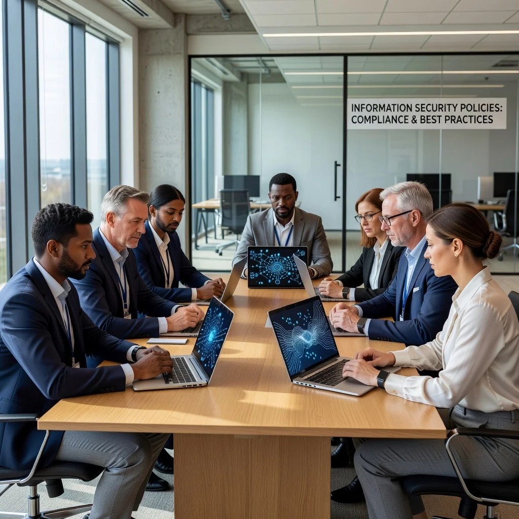 A photorealistic image of a diverse group of professional adults in a modern UK office setting, engaged in a collaborative discussion about information security, with subtle elements like locked digital interfaces or cybersecurity icons on screens in the background, conveying compliance and best practices without focusing on documents.