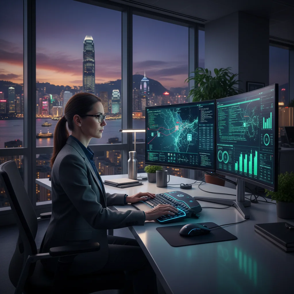 A photorealistic image depicting a professional cybersecurity analyst in a modern Hong Kong office, monitoring multiple computer screens displaying network security dashboards and data flows, with the iconic Hong Kong skyline visible through large windows in the background, symbolizing the implementation of robust cybersecurity policies in a bustling urban tech environment.