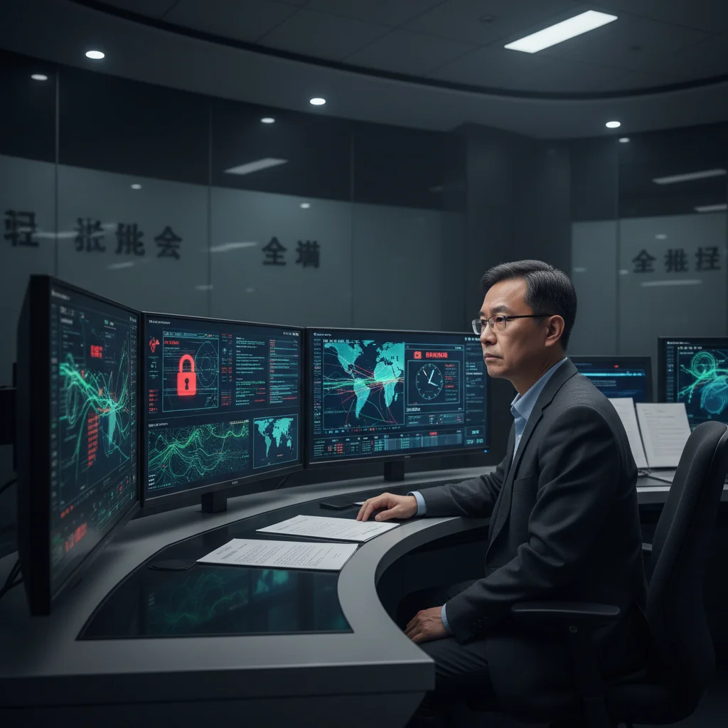 A photorealistic image depicting a professional cybersecurity analyst in a modern Chinese office setting, monitoring network security on multiple computer screens displaying digital firewalls, data encryption symbols, and threat alerts, with subtle Chinese flags or landmarks in the background to represent national policy updates, conveying a sense of vigilance and technological advancement.