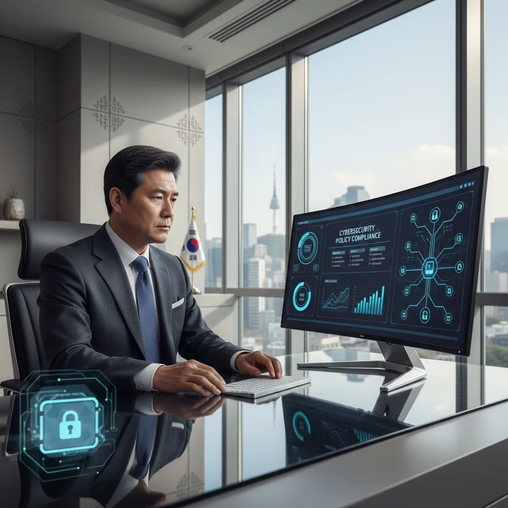 A photorealistic image of a professional Korean business executive in a modern corporate office in Seoul, confidently reviewing cybersecurity compliance documents on a secure computer screen, with subtle South Korean flags and digital lock icons in the background, symbolizing protection against cyber threats for businesses.