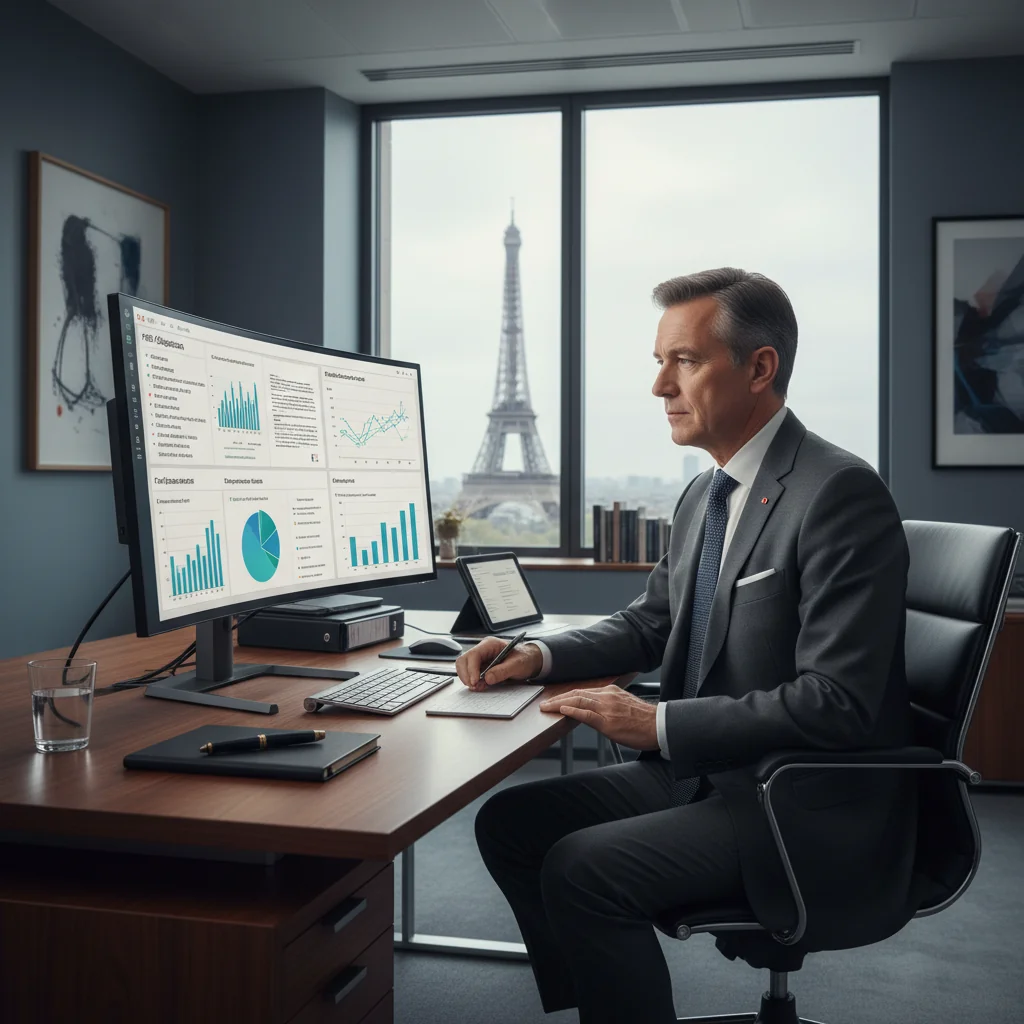 A photorealistic image of a professional French business executive in a modern office setting, reviewing digital security protocols on a computer screen, symbolizing legal obligations for cybersecurity in French companies, with subtle French flag elements in the background, no children present.