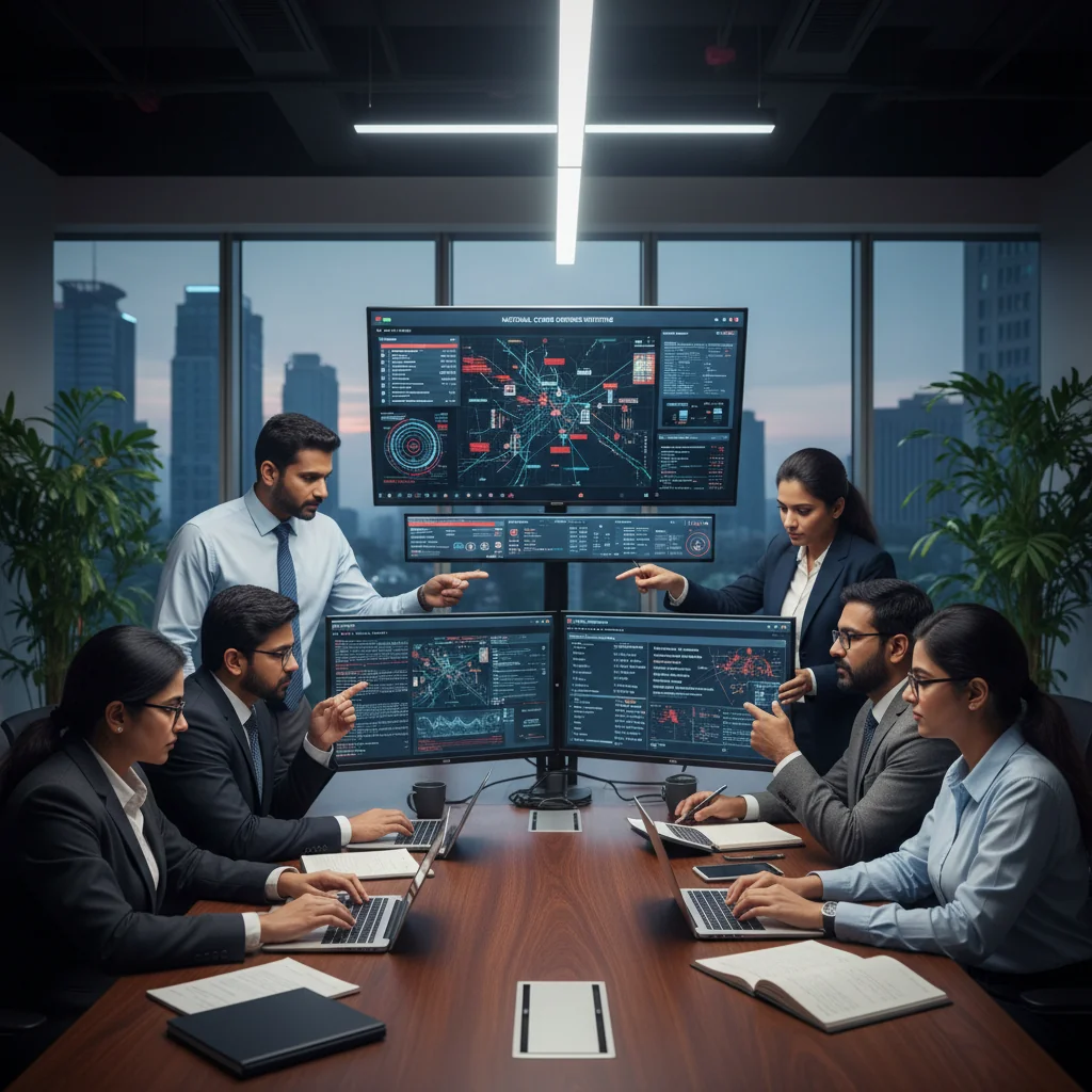 A photorealistic image depicting the implementation of cyber security policy in India, showing a diverse group of adult Indian professionals in a modern office setting in India, collaboratively working on securing digital networks against cyber threats, with elements like computer screens displaying security interfaces, firewalls, and Indian landmarks subtly in the background to represent the national context, emphasizing protection and challenges in cybersecurity.