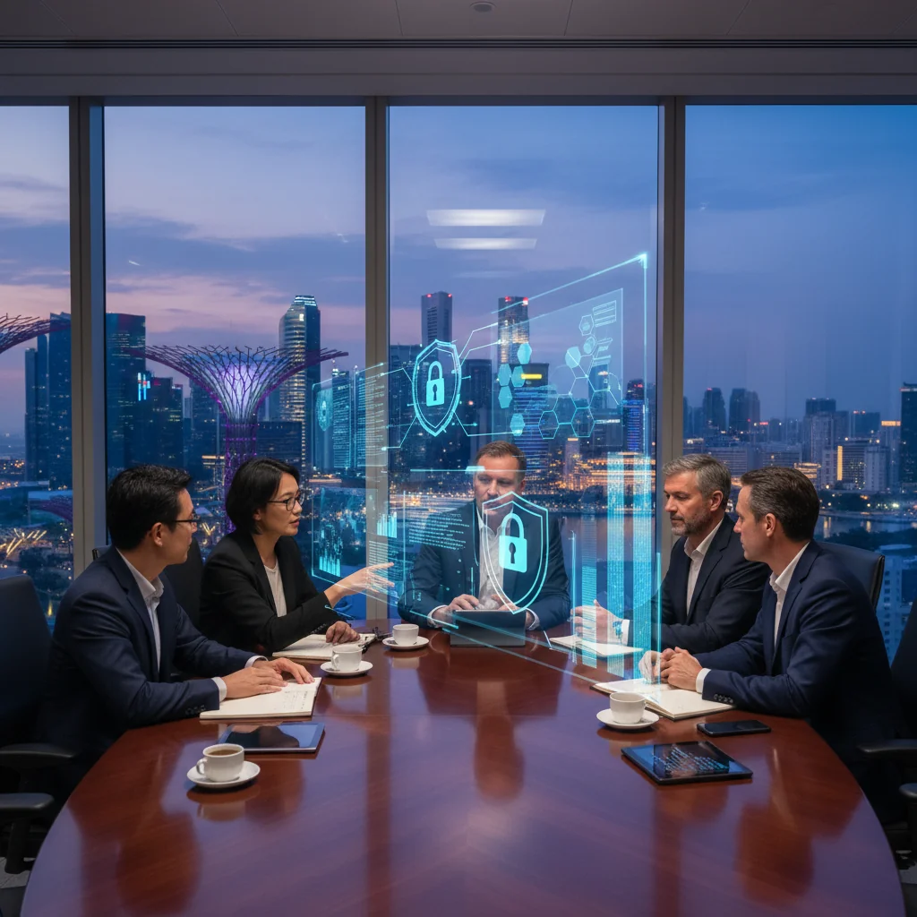 A photorealistic image of a diverse group of professional adults in a modern Singapore office, engaged in a cybersecurity meeting. They are reviewing digital security dashboards on large screens, symbolizing protection and regulation in cybersecurity policy. The scene includes elements like the Singapore skyline in the background through windows, emphasizing a secure, innovative tech environment. No children are present.