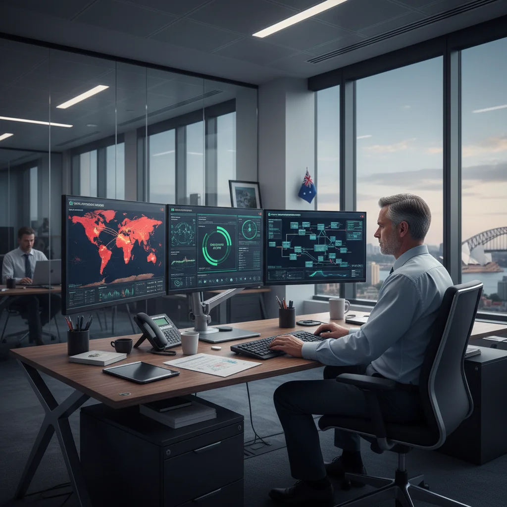 A photorealistic image depicting a professional cybersecurity expert in a modern Australian financial institution office, analyzing digital security data on multiple screens, symbolizing the role of regulatory policies in enhancing protection against cyber threats, with Australian elements like a subtle Sydney skyline in the background, no children present.