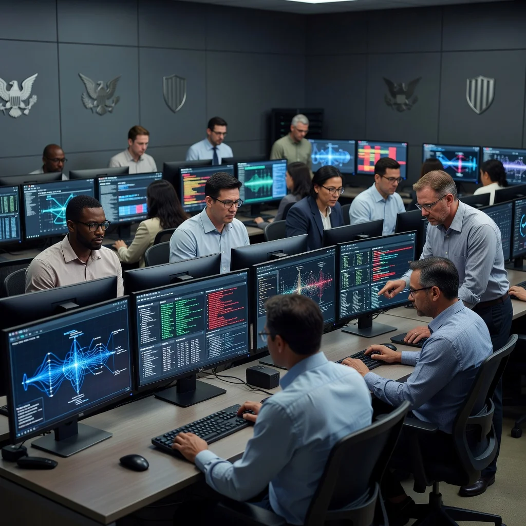 A photorealistic image representing effective US cybersecurity policy, showing a diverse team of adult professionals in a modern command center monitoring digital networks on large screens, with elements like secure locks, firewalls, and American flag motifs in the background, symbolizing protection and vigilance against cyber threats.