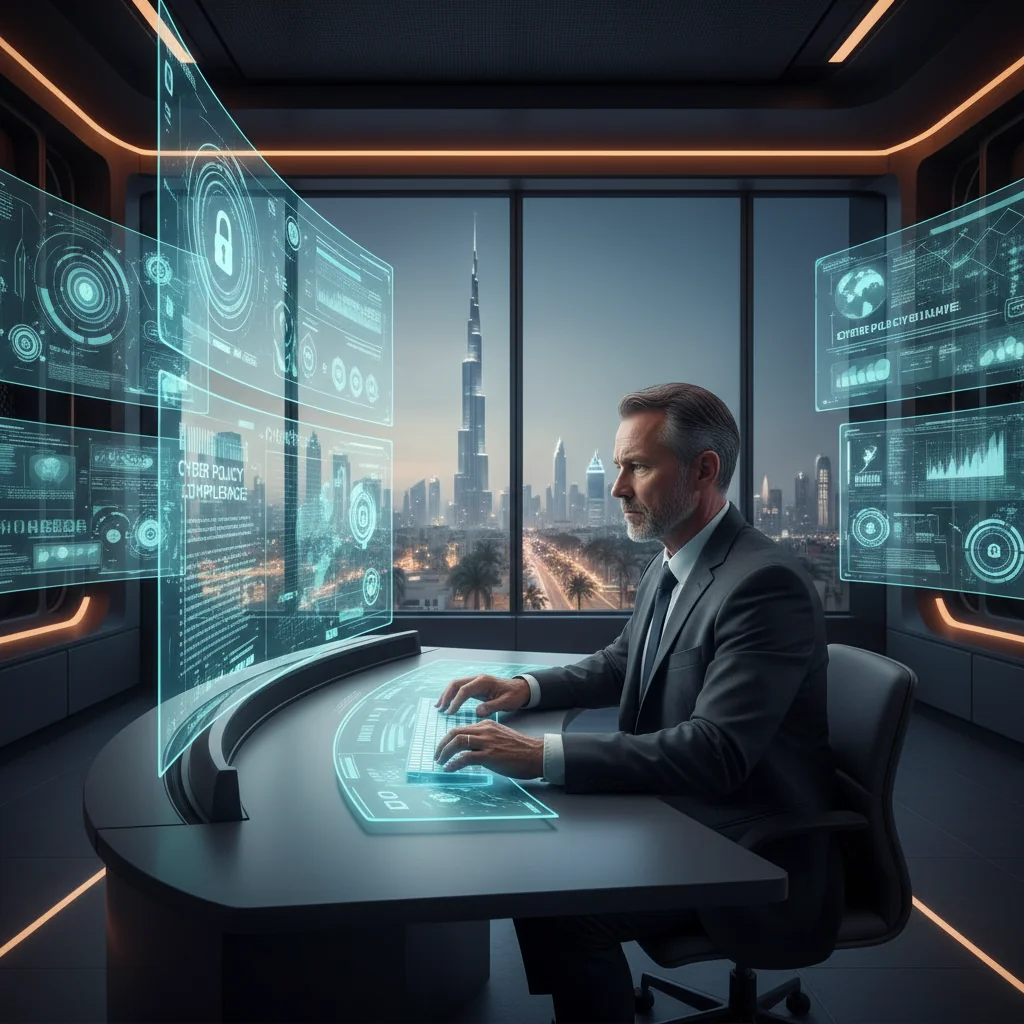 A photorealistic image of a professional cybersecurity expert in a modern office in the UAE, monitoring digital screens displaying network security dashboards, with elements like the UAE flag or Burj Khalifa in the background to represent compliance with cyber security policies in the Emirates. The scene conveys security, technology, and professionalism without any focus on documents.