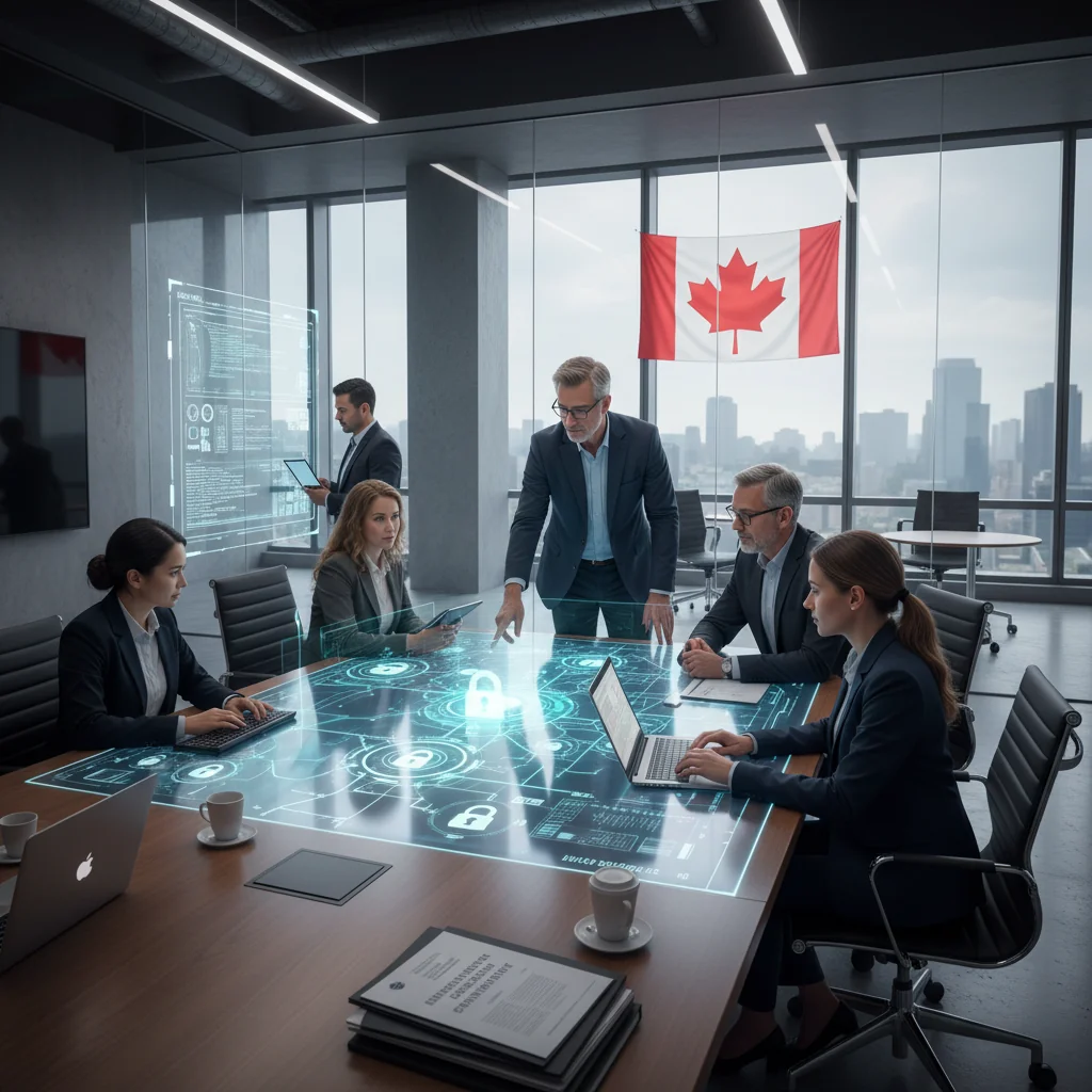 A photorealistic image representing the evolution of Canada's cybersecurity policy framework, featuring a diverse group of adult professionals in a modern government office in Ottawa, Canada, analyzing digital security data on large screens, with symbolic elements like the Canadian flag and evolving network icons in the background, conveying protection and progress in national cybersecurity.