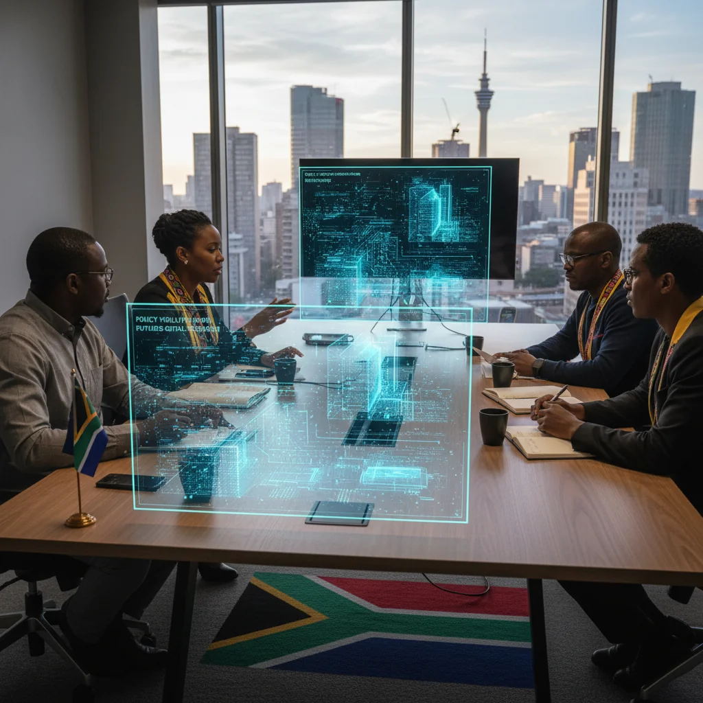 A photorealistic image representing the evolution and future of cybersecurity policy in South Africa. The scene features a diverse group of adult South African professionals in a modern conference room, discussing digital security strategies on laptops and screens displaying network icons and data protection symbols, with subtle South African landmarks like Table Mountain visible through a window, evoking innovation and national policy development.