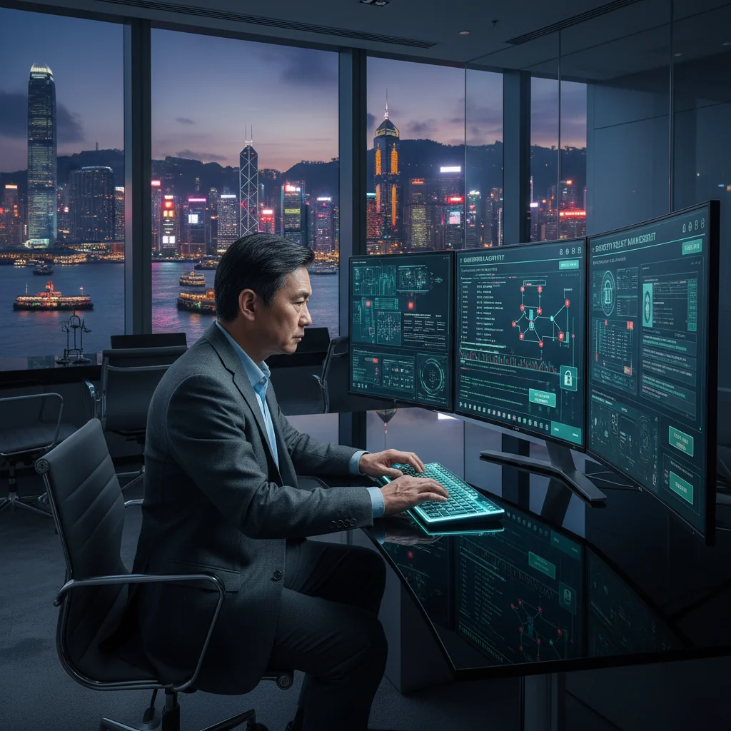 A photorealistic image of a professional cybersecurity expert in a modern Hong Kong office, monitoring multiple computer screens displaying network security dashboards and data encryption visuals, with the iconic Hong Kong skyline visible through large windows in the background, symbolizing updated policies and digital protection in a bustling urban environment. No children are present in the image.