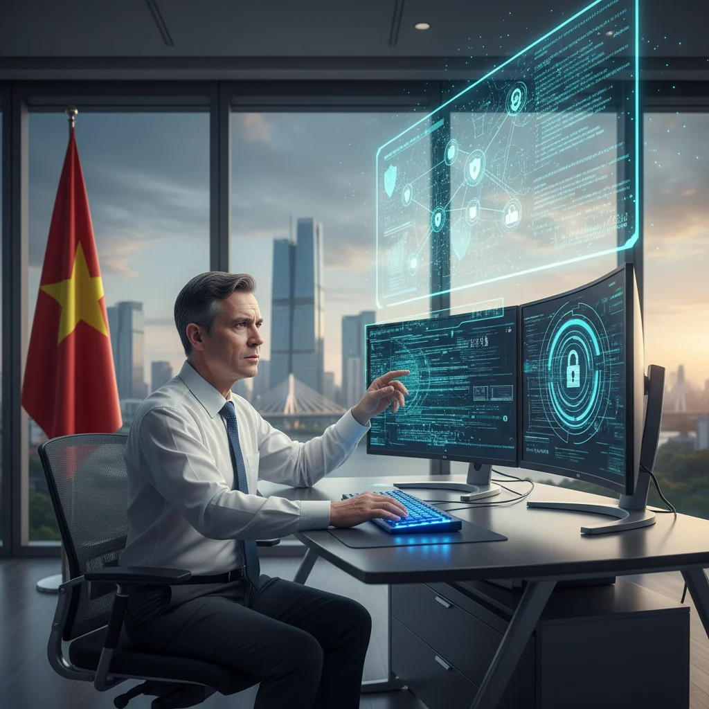 A photorealistic image of a professional cybersecurity expert in a modern Vietnamese office, monitoring network security on multiple computer screens displaying data protection icons and Vietnamese flags, symbolizing the new important points in Vietnam's 2023 cybersecurity policy. The scene conveys safety and vigilance in digital security, with no children present.