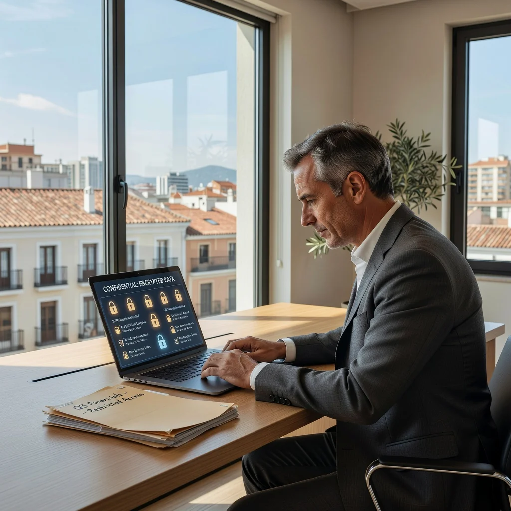 A photorealistic image representing legal information security policies in Spain, featuring a professional adult in a modern office setting reviewing secure digital documents on a computer, with subtle Spanish flag elements in the background, emphasizing data protection and cybersecurity compliance.