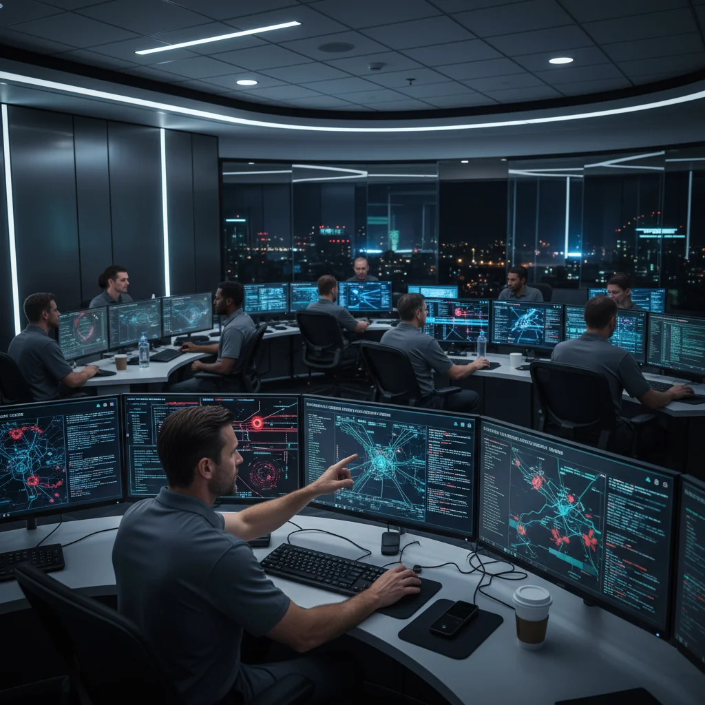 A photorealistic image of a diverse team of adult cybersecurity professionals in a modern high-tech control room, monitoring digital networks on multiple screens displaying secure data flows and threat alerts, emphasizing protection and vigilance in cyber defense, no children present.