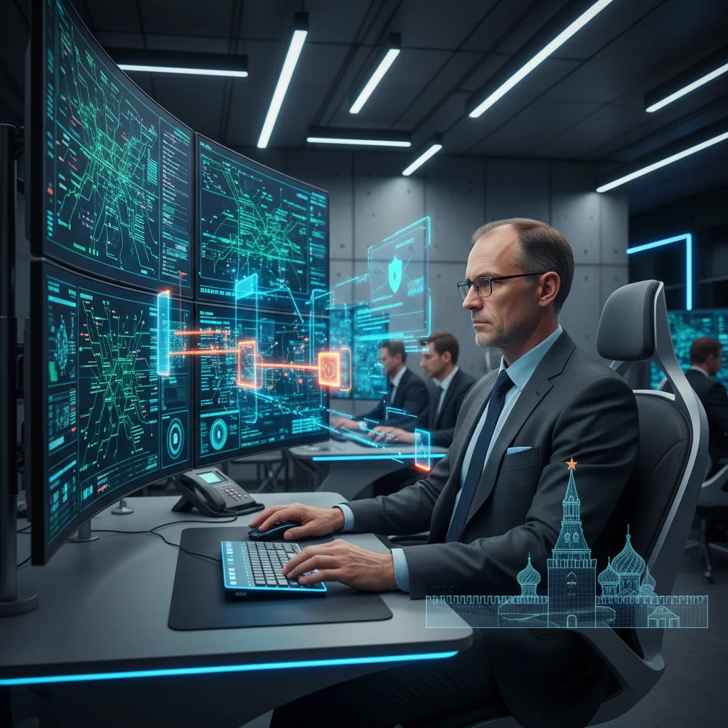 A photorealistic image symbolizing information security policy in Russia, featuring a professional cybersecurity expert in a modern control room monitoring digital networks on multiple screens, with subtle Russian flag elements in the background, conveying protection and national security.